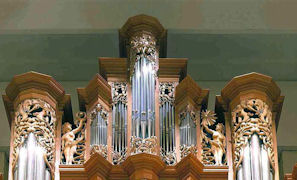 Female figures, sea creatures, sun woodcarving, Gottfried and Mary Fuchs Organ, Pacific Lutheran University